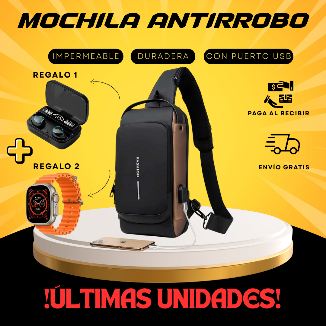 Super combo Mochila Antirrobo + Reloj Inteligente y Audífonos Inalámbricos M10 de regalo 🎁